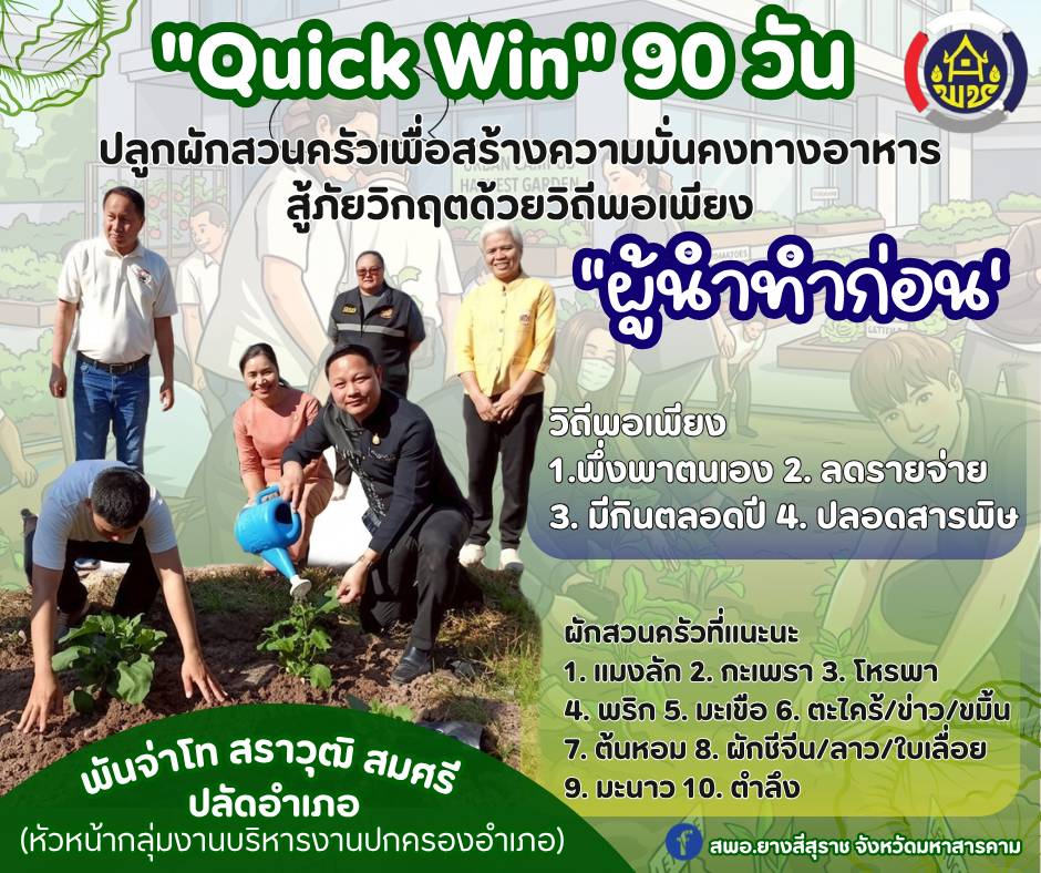 📢 พช.ยางสีสุราช จังหวัดมหาสารคาม : ปฎิบัติการ “QUICK WIN” 90 วัน ปลูกผักสวนครัวเพื่อสร้างความมั่นคงทางอาหาร สู้ภัยวิกฤตด้วยวิถีพอเพียง